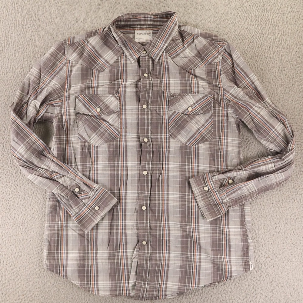 Warp and Weft Button Up Mens XL Gray Check Cotton Western Shirt Pearl Snap Plaid
